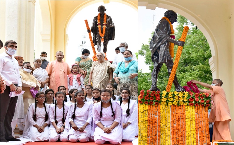 मुख्यमंत्री योगी ने राष्ट्रपिता महात्मा गांधी की प्रतिमा पर पुष्पांजलि अर्पित किये