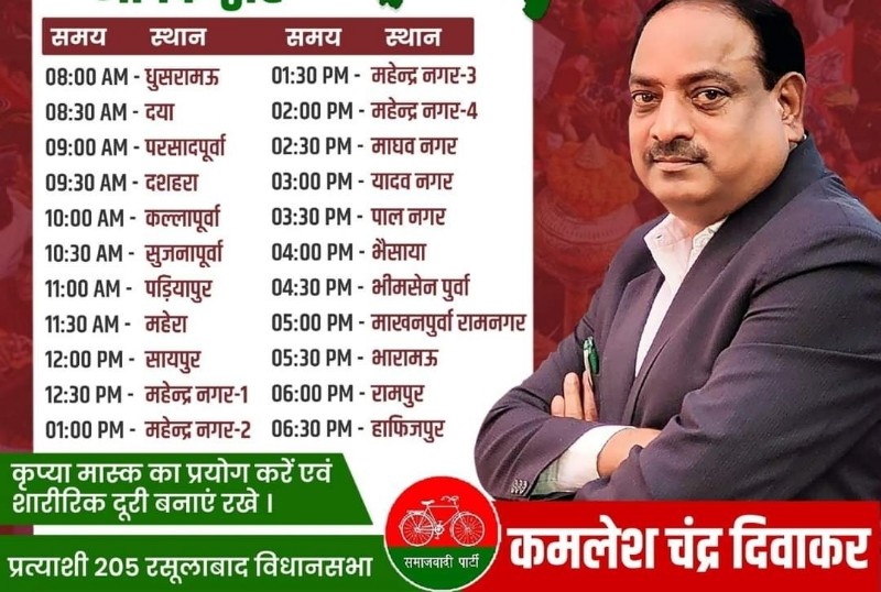 कानपुर देहात के रसूलाबाद विधानसभा 205 के समाजवादी पार्टी प्रत्याशी कमलेश चंद्र दिवाकर ने मंगलवार को क्षेत्र में सुबह 8:00 बजे से लेकर रात तक भ्रमण किया। उन्होंने घर घर जाकर जन सम्पर्क कर वोट मांगे।